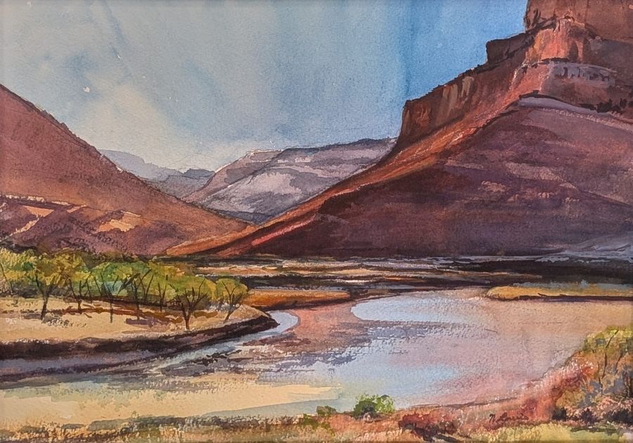 Nancy Lewis: Spring Along the Colorado River, watercolor painting of the river winding past green trees below red canyon cliffs