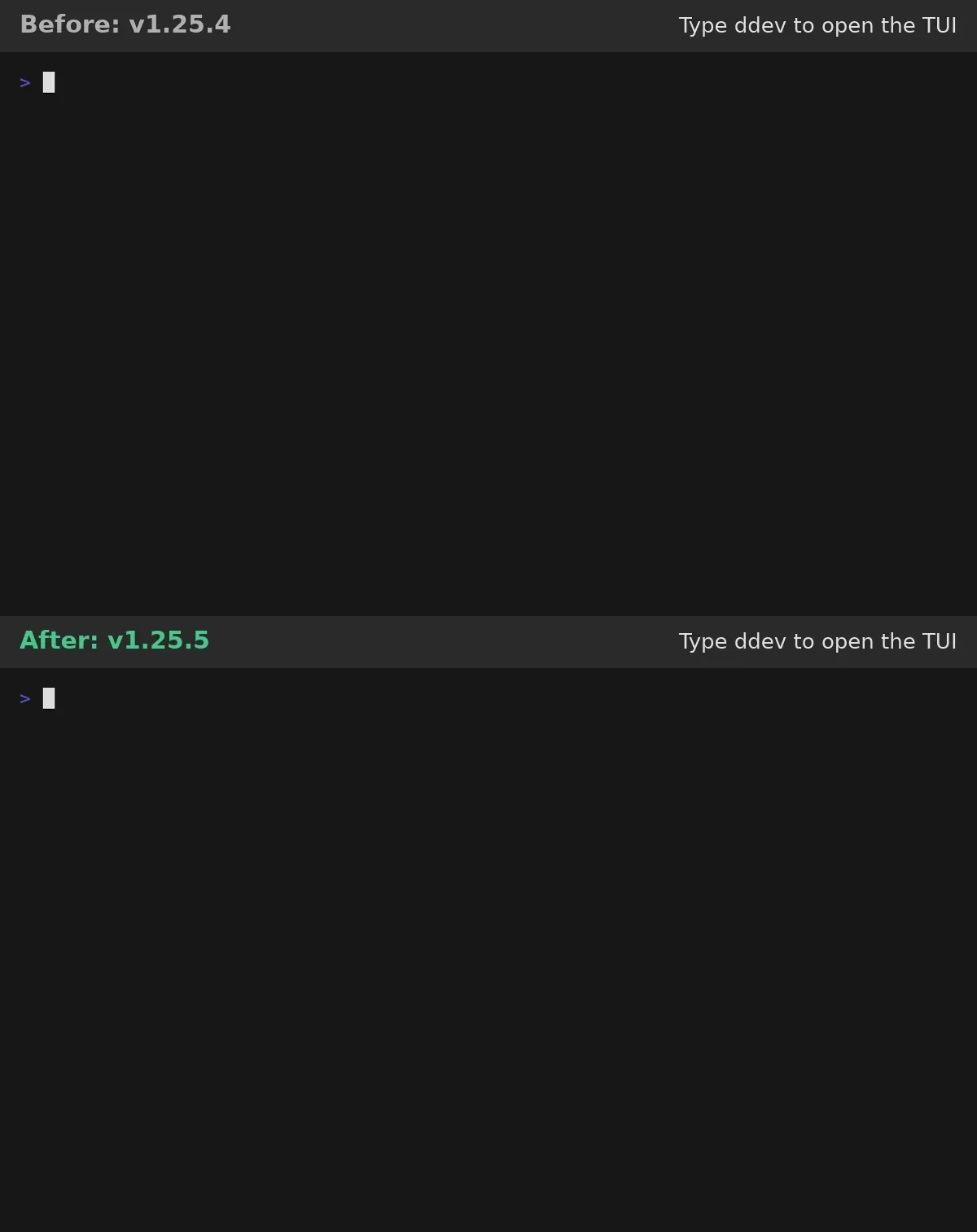 The ddev tui project list in v1.25.4 (top) and v1.25.5 (bottom)